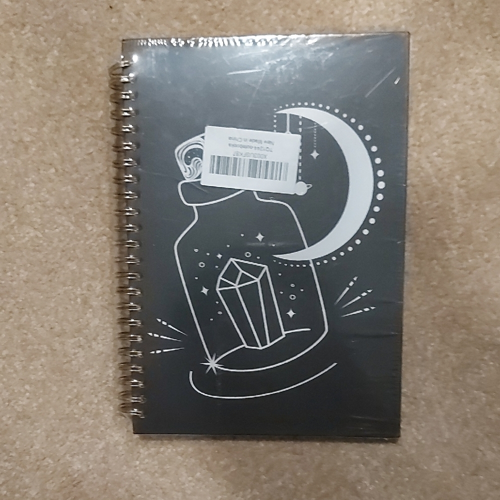 Mystical Moon and Crystal Spiral Notebook - Black and White Art Design